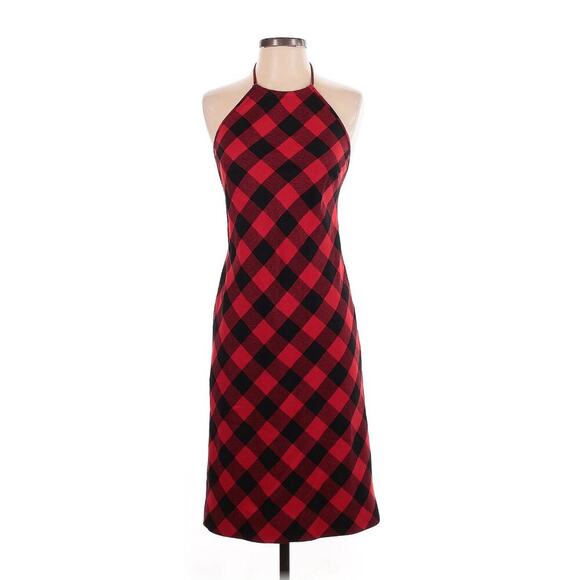 Ralph Lauren Vintage Halter Dress 90s Red Black Buffalo Plaid Check Wool 4 XS S - Picture 2 of 7